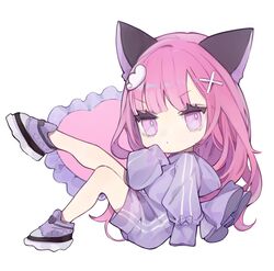  :o animal_ears bright_pupils cat_ears chibi clothing_request commentary eyelashes fake_animal_ears female full_body hair_ornament hand_to_own_mouth highres knee_up knees leg_up long_hair looking_at_viewer original pink_eyes pink_hair purple_footwear reclining shoes simple_background sneakers solo tokiwata_soul v-shaped_eyebrows white_background white_pupils x_hair_ornament 