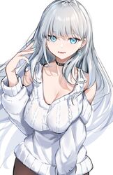  bare_shoulders black_choker blue_eyes blue_nails breasts choker cleavage clothing_cutout earrings female gu_luco highres jewelry large_breasts long_hair looking_at_viewer open_mouth original pantyhose shoulder_cutout solo sweater white_background white_hair white_sweater 