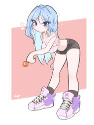  bae_minah_(chaesu) black_shorts black_socks blue_eyes blue_hair blush borrowed_character breasts candy ceroro cleavage commission crop_top female food highres leaning_forward lollipop long_hair looking_at_viewer medium_breasts midriff no_nose original pink_sports_bra purple_footwear shoes short_shorts shorts signature socks solo sports_bra strap_slip underwear very_long_hair 