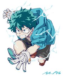  1boy angry black_shorts boku_no_hero_academia clenched_teeth electricity fighting_stance freckles gloves green_eyes green_hair green_hoodie hood hoodie male_focus maneki-neko_(fujifuji) midoriya_izuku numbered red_footwear shorts simple_background solo sweatdrop teeth white_background white_gloves 