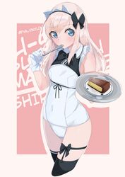  absurdres adapted_costume alternate_costume black_bow black_thighhighs blonde_hair blue_eyes blush bow breasts cake commentary_request covered_navel cowboy_shot cropped_legs dessert eating enmaided female food frills gloves hairbow highres holding holding_plate kantai_collection long_hair looking_at_viewer maid maid_headdress maid_one-piece_swimsuit pink_background plate solo swimsuit thighhighs tray u-511_(kancolle) unconventional_maid utensil_in_mouth uut white_gloves 