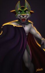  absurd_res anthro black_nose blakefox blood blood_on_teeth bodily_fluids canid canine cape clothed clothing digital_media_(artwork) fangs fidget_the_fox fox fur green_body green_eyes green_fur hair hi_res looking_at_viewer male mammal open_mouth signature simple_background smile solo teeth tongue vampire white_body white_fur 