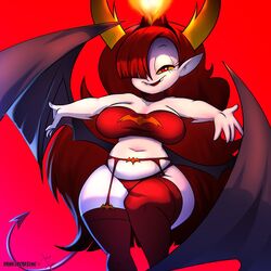  1:1 big_breasts breasts clothing collaboration crown dankodeadzone demon demon_humanoid disney female garter_belt garter_straps hair hair_over_eye headgear hekapoo hi_res horn horned_humanoid humanoid one_eye_obstructed panties potbelly red_hair spade_tail star_vs._the_forces_of_evil tail tiara tobitobi90 underwear white_body wide_hips winged_humanoid wings 