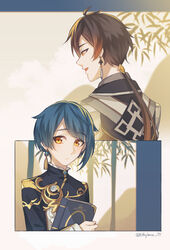  absurdres bamboo black_hair blue_hair book brown_hair chinese_clothes closed_mouth earrings ethylene_ty formal frills from_behind genshin_impact hair_between_eyes hair_tie highres holding holding_book jacket jewelry long_hair long_sleeves looking_at_viewer male_focus multicolored_hair multiple_boys open_mouth otoko_no_ko ponytail short_hair simple_background single_earring smile tassel tassel_earrings xingqiu_(genshin_impact) yellow_eyes zhongli_(genshin_impact) 