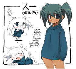  2010 anthro blush cave_story closed_eyes clothing female fur green_hair hair human japanese_text lagomorph looking_at_viewer mammal mimiga noi-gren27 open_mouth scar shirt simple_background solo standing sue_sakamoto text topwear translated white_background white_body white_fur 