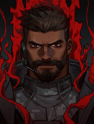  1boy amo_(amo9612) beard black_hair camouflage camouflage_shirt close-up collared_jacket communicator dark-skinned_male dark_skin facial_hair highres jacket jewelry looking_at_viewer male_focus necklace overwatch reaper_(overwatch) red_eyes shirt smoke soldier_24_(overwatch) solo thick_eyebrows 