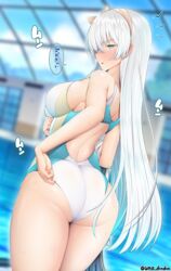  anastasia_(fate) annoyed ass back bare_shoulders blue_eyes blue_one-piece_swimsuit blurry blurry_background blush breasts competition_swimsuit fate/grand_order fate_(series) female from_behind hair_over_one_eye hairband highleg highleg_swimsuit hot large_breasts long_hair looking_at_viewer looking_back one-piece_swimsuit open_mouth pool solo speech_bubble swimsuit thighs towel translation_request two-tone_swimsuit unadon very_long_hair wet white_hair white_one-piece_swimsuit 