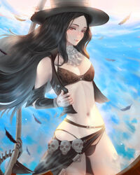  1other androgynous black_bra black_hair black_panties bra breasts cropped_jacket detached_sleeves fingerless_gloves gloves guilty_gear guilty_gear_strive hat highres jacket long_hair looking_at_viewer mcdobo medium_breasts navel open_clothes open_jacket panties red_eyes sarong scythe skull solo testament_(guilty_gear) top_hat underwear 