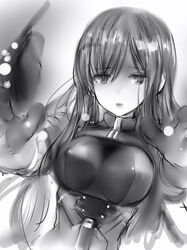  alice_gear_aegis bad_id bad_twitter_id breasts covered_nipples dutch_angle female grey_background greyscale hair_between_eyes highres kagome_misaki large_breasts long_hair looking_at_viewer monochrome nanashi_(nlo) parted_lips solo upper_body 