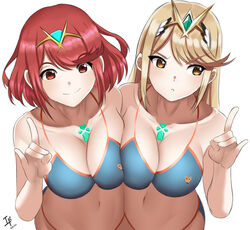  2girls alternate_costume arcedo asymmetrical_docking bikini blonde_hair blue_bikini bob_cut breast_press breasts chest_jewel cleavage closed_mouth collarbone cosplay fox_shadow_puppet from_above gem headpiece highres large_breasts long_hair looking_at_viewer looking_away multiple_girls mythra_(xenoblade) navel pout pyra_(xenoblade) red_eyes red_hair short_hair side-by-side sidelocks signature simple_background smile swept_bangs swimsuit tamamo_(fate) tamamo_no_mae_(swimsuit_lancer)_(fate) tamamo_no_mae_(swimsuit_lancer)_(fate)_(cosplay) tiara xenoblade_chronicles_(series) xenoblade_chronicles_2 yellow_eyes 