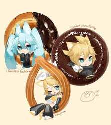  1boy 2girls ahoge animal_ears bare_shoulders black_sailor_collar black_sleeves blonde_hair blue_eyes blue_hair bow butterfly-shaped_pupils cat_boy cat_ears cat_girl cat_tail chibi chocolate chocolate_doughnut churro commentary detached_sleeves doughnut eating food fox_ears fox_girl hair_ornament hairbow hairclip hatsune_miku heart highres kagamine_len kagamine_rin kemonomimi_mode long_hair mister_donut multiple_girls one_eye_closed pink_background reirou_(chokoonnpu) sailor_collar shirt short_hair short_ponytail simple_background sleeves_past_fingers sleeves_past_wrists symbol-shaped_pupils tail twintails vocaloid white_shirt 