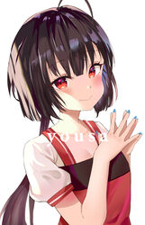  absurdres ahoge bilibili black_hair blue_nails blush breasts cleavage collarbone commentary_request dress female highres long_hair looking_at_viewer nijisanji ponytail red_dress red_eyes short_sleeves simple_background small_breasts smile solo upper_body virtual_youtuber virtuareal white_background yamamimio yousa 