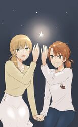  2girls blonde_hair couple dress edamoto_haru happy highres holding_hands long_hair multiple_girls night night_sky nyamo open_mouth orange_hair ponytail saeki_sayaka sky smile star_(sky) star_(symbol) starry_sky yagate_kimi_ni_naru yagate_kimi_ni_naru:_saeki_sayaka_ni_tsuite yuri 