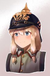  black_headwear blonde_hair blue_eyes blush closed_mouth collared_shirt female german_empire germany helmet highres imperial_german_army imperial_german_flag looking_away medium_hair military military_uniform original pickelhaube shirt smile solo unicron_(brous) uniform upper_body 