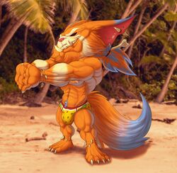  2021 5_fingers abs absurd_res accessory aged_up anthro arm_markings athletic athletic_anthro athletic_male beach belly biceps big_biceps big_bulge big_eyes big_head big_muscles big_pecs big_tail black_eyes blue_body blue_ears blue_fur blue_markings blue_pubes blurred_background bodily_fluids bone bone_in_ear bracelet bristol bulge cheek_tuft chin_tuft claws clothed clothing colored day digital_drawing_(artwork) digital_media_(artwork) dipstick_ears dipstick_tail ear_markings ear_piercing ear_tuft eyebrows facial_markings facial_tuft fangs feet fingers fluffy fluffy_tail full-length_portrait fur gnar_(lol) hair hair_accessory hair_tie half-closed_eyes hands_together head_markings head_tuft heat_(temperature) hi_res humanoid_feet humanoid_hands inner_ear_fluff jewelry league_of_legends light long_hair looking_away male mammal manly markings multicolored_body multicolored_ears multicolored_fur multicolored_tail muscular muscular_anthro muscular_arms muscular_male muscular_thighs narrowed_eyes navel nipples obliques orange_arms orange_belly orange_body orange_chest orange_ears orange_feet orange_fur orange_hands orange_legs outside palms pecs photo_background photography_(artwork) piercing pink_inner_ear pink_nipples pink_nose plantigrade portrait pose pubes riot_games seaside serratus shaded shadow skimpy solo speedo spread_legs spreading standing summer sweat sweaty_arms sweaty_belly sweaty_body sweaty_face swimwear tail tail_markings tan_arms tan_eyebrows tan_markings teeth tencent three-quarter_view tied_hair tooth_bracelet topless topless_anthro topless_male triceps tuft two_tone_arms two_tone_ears two_tone_tail white_claws yellow_clothing yellow_speedo yellow_swimwear yordle 