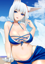  animal_ears azur_lane beach bikini blue_bikini blue_eyes blush breasts cleavage cloud day female fox_ears fox_girl fox_mask fox_tail hachimitsu_hinako kaga_(azur_lane) kaga_(everlasting_killing_stone)_(azur_lane) large_breasts looking_at_viewer mask multiple_tails navel ocean official_alternate_costume one-hour_drawing_challenge open_mouth outdoors short_hair sitting sky smile solo swimsuit tail white_hair 