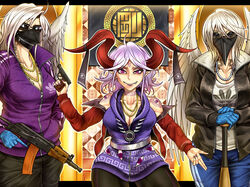  3girls adapted_costume aks-74u assault_rifle baphomet baseball_bat bird_mask black_jacket black_mask black_pants black_ribbon blue_gloves blue_pants brand_name_imitation breasts chain_necklace chains cleavage collarbone collared_jacket commentary_request cowboy_shot eagle_spirit_(touhou) earrings eye_symbol eye_tattoo facing_viewer feathered_wings folding_stock gloves goggles gold_chain gopnik grey-framed_eyewear grin gun hair_between_eyes handgun highres holding holding_gun holding_weapon horn_ornament horn_ribbon horns jacket jacket_partially_removed jewelry kalashnikov_rifle large_breasts latex latex_gloves letterboxed light_purple_hair logo long_bangs long_hair long_sleeves looking_at_viewer makarov_pm mask meandros medium_hair multiple_girls muzzle_device neck_tattoo necklace open_clothes open_jacket pants partially_unzipped patterned_clothing pearl_necklace pink_eyes pointy_ears purple_jacket purple_shirt red_horns red_jacket ribbon rifle round_eyewear ryuuichi_(f_dragon) sharp_teeth sheep_horns shirt shoulder_tattoo sleeveless sleeveless_shirt smile sunglasses tattoo teeth toned tooth_necklace touhou toutetsu_yuuma trigger_discipline two-sided_fabric two-sided_jacket unzipped weapon white_hair white_wings wings zipper 