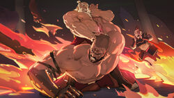  3boys abs avatar:_the_last_airbender avatar_legends bad_id bad_pixiv_id bara beard belt biceps black_eyes chinese_commentary combustion_man_(avatar) commentary facial_hair fighting fire highres iroh large_pectorals locked_arms long_hair male_focus manly mature_male military military_uniform multiple_boys muscular muscular_male nipples one_eye_closed pants pectorals ponytail prosthesis prosthetic_arm scar scar_on_face shaved_head shouting shouting_with_hands skirt tattoo thick_arms tooboshoo topless_male uniform wrestling zuko 