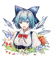  absurdres bangs blue_bow blue_dress blue_eyes blue_hair bow breasts cirno collar collared_shirt commentary dress eyebrows_behind_hair fairy_wings fanshu female flower hairbow highres ice ice_wings looking_at_viewer medium_breasts open_mouth pinafore_dress puffy_short_sleeves puffy_sleeves red_bow shirt short_hair short_sleeves simple_background smile solo touhou upper_body white_background white_shirt wings 