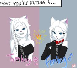  anthro armwear big_breasts blue_eyes breasts chains clothing collar dakota_(yeetboi420z) devin_(yeetboi420z) duo felid feline female femboy first_person_view fur hair hi_res male mammal meme smile smirk tomboy white_body white_fur white_hair yeetboi420z 