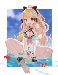  absurdres anklet aqua_bikini barefoot bikini black_bow blonde_hair blue_eyes blush bow breasts cleavage clownfish elf feet female fish flower hair_flower hair_ornament hair_up hairbow highres jewelry large_breasts layered_bikini long_hair looking_at_viewer open_mouth outdoors pointy_ears ponytail princess_connect! saren_(princess_connect!) saren_(summer)_(princess_connect!) see-through smile solo spread_legs swimsuit toes tsuiru 