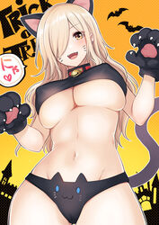  animal_ears animal_hands animal_print black_gloves black_panties blonde_hair borrowed_character breasts cat_ears cat_panties cat_print cat_tail commentary_request facial_mark fake_animal_ears female gloves gradient_background hair_over_one_eye halloween highres looking_at_viewer navel nino_(sunaba_suzume) open_mouth orange_background original panties paw_gloves piyosuke_tmg print_panties smile solo tail underboob underwear whisker_markings 