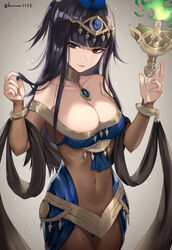  alternate_costume arabian_clothes bare_shoulders black_eyes black_hair blunt_bangs bodystocking bracelet breasts bridal_gauntlets cleavage closed_mouth collarbone commentary covered_navel feather_hair_ornament feathers female fire fire_emblem fire_emblem_awakening fire_emblem_heroes floating floating_object green_fire grey_background hair_ornament hand_in_own_hair haru_(nakajou-28) highres jewelry large_breasts long_hair looking_at_viewer navel necklace off_shoulder official_alternate_costume shawl simple_background skin_tight smile solo stomach taut_clothes tharja_(fire_emblem) tharja_(plegian)_(fire_emblem) tiara twitter_username two_side_up 