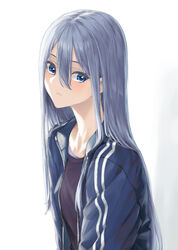  absurdres bad_id bad_pixiv_id banana_oekaki black_shirt blue_eyes blue_jacket female grey_hair hair_between_eyes highres jacket long_hair looking_at_viewer open_clothes open_jacket parted_lips project_sekai shirt simple_background solo straight_hair track_jacket upper_body very_long_hair white_background yoisaki_kanade 