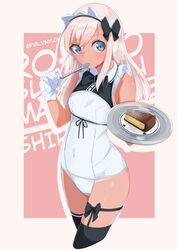  absurdres adapted_costume alternate_costume black_bow black_thighhighs blonde_hair blue_eyes blush bow breasts cake commentary_request covered_navel cowboy_shot cropped_legs dessert eating enmaided female food frills gloves hairbow highres holding holding_plate kantai_collection long_hair looking_at_viewer maid maid_headdress maid_one-piece_swimsuit pink_background plate ro-500_(kancolle) solo swimsuit tan tanlines thighhighs tray unconventional_maid utensil_in_mouth uut white_gloves 