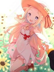  absurdres beatrice_(re:zero) blonde_hair blue_eyes boots bug butterfly butterfly-shaped_pupils commentary_request commission commissioner_upload dress female flower grass hat hat_flower highres holding_hands leg_up long_hair looking_at_viewer natsuki_subaru open_mouth pale_skin pointing re:zero_kara_hajimeru_isekai_seikatsu ribbon sidelocks smile sun_hat sundress sunflower symbol-shaped_pupils white_dress zerobarto 