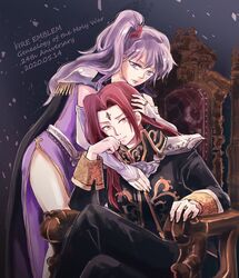  1boy belt black_cape black_coat cape coat collar couple dress elbow_gloves facial_mark female fire_emblem fire_emblem:_genealogy_of_the_holy_war forehead_mark gloves hug ishtar_(fire_emblem) julius_(fire_emblem) long_hair purple_dress purple_eyes purple_hair red_eyes red_hair sanami shoulder_pads side_ponytail side_slit sitting straight white_gloves 