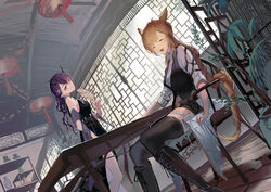  2girls :d absurdres animal_ears architecture arknights bare_shoulders belt black_dress black_footwear black_legwear black_shorts black_vest blonde_hair blush boots braid breasts closed_eyes covered_navel cross-laced_footwear day dress dutch_angle east_asian_architecture facing_viewer hand_fan highres holding holding_fan horns indoors knee_boots kroos_(arknights) kroos_the_keen_glint_(arknights) lace-up_boots lantern lava_(arknights) lava_the_purgatory_(arknights) lava_the_purgatory_(dusk_wisteria)_(arknights) long_hair long_sleeves looking_at_viewer medium_breasts multiple_braids multiple_girls natsuba002 official_alternate_costume open_mouth paper_lantern plant potted_plant purple_eyes purple_hair rabbit_ears shawl shelf shirt short_shorts shorts single_braid sitting sleeves_rolled_up smile standing table thigh_strap thighhighs transparent_fan tuanshan very_long_hair vest white_shirt window 