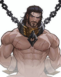  1boy abs amo_(amo9612) bara beard biceps black_hair blue_eyes chains collar facial_hair gauntlets hand_on_back large_pectorals league_of_legends long_hair looking_at_viewer male_focus manly muscular muscular_male navel navel_hair nipples nude pectorals scar scar_on_arm scar_on_chest scar_on_stomach solo sylas_(league_of_legends) thick_arms upper_body 