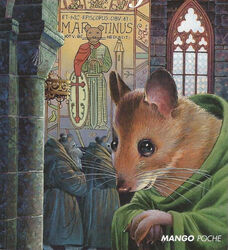  abbot_mortimer ambiguous_gender anthro beard brown_body brown_fur brown_nose chandelier clothed clothing detailed_background facial_hair fully_clothed fur glistening glistening_eyes green_clothing green_robe group inside latin_text looking_at_viewer male mammal martin_the_warrior matthias_(redwall) melee_weapon mouse murid murine no_sclera redwall robe rodent shield solo sword tapestry text translated unknown_artist weapon whiskers window 