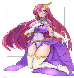  boots breasts cape covered_nipples female gloves gundam gundam_seed gundam_seed_destiny hair_between_eyes hair_ornament hand_on_own_chest high_heel_boots high_heels highleg highleg_leotard highres impossible_clothes kneeling leotard long_hair long_skirt looking_at_viewer meer_campbell oomasa_teikoku pink_hair purple_cape purple_eyes purple_leotard purple_skirt skin_tight skirt smile solo star_(symbol) star_hair_ornament thigh_boots very_long_hair white_background white_footwear white_gloves 