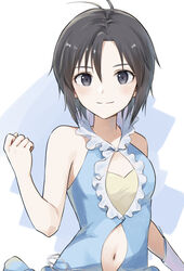  antenna_hair bandeau bare_shoulders black_eyes black_hair blue_background blue_shirt blush breasts cleavage_cutout clenched_hand closed_mouth clothing_cutout commentary elbow_gloves female frilled_shirt frills gloves hair_between_eyes hand_up idolmaster idolmaster_(classic) idolmaster_2 kikuchi_makoto light_blush light_smile long_bangs looking_at_viewer mogskg navel shirt short_hair single_glove sleeveless sleeveless_shirt small_breasts smile solo stomach_cutout upper_body white_background white_gloves yellow_bandeau 