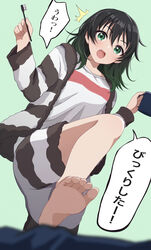  ^^^ absurdres barefoot black_hair black_shorts blurry blurry_foreground blush commentary cup dutch_angle feet female foot_focus gradient_hair green_background green_eyes green_hair hair_between_eyes hair_down highres holding holding_cup holding_toothbrush knee_up legs looking_at_viewer love_live! love_live!_nijigasaki_high_school_idol_club medium_hair multicolored_hair open_mouth pajamas pukonuu shirt shorts signature soles speech_bubble takasaki_yu teeth toes toothbrush translated two-tone_hair upper_teeth_only white_shirt 