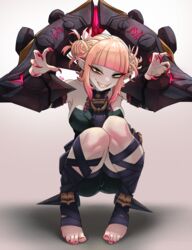  absurdres blonde_hair blunt_bangs boku_no_hero_academia bound bound_wrists breasts briar_(league_of_legends) briar_(league_of_legends)_(cosplay) claw_pose colored_skin commentary cosplay double_bun earrings english_commentary fangs feet female fingernails full_body gradient_background grin hair_bun highres jewelry knees knees_up league_of_legends long_fingernails mixed-language_commentary nail_polish no_shoes pillory pointy_ears red_nails shadow sharp_fingernails sidelocks simple_background smile solo teeth toeless_legwear toenail_polish toenails toes toga_himiko tongue unusualpie variant_set very_long_fingernails wrist_cuffs yellow_eyes 