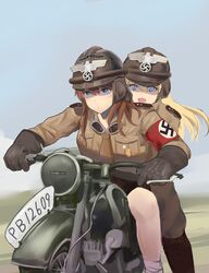  2girls absurdres armband black_footwear blonde_hair blue_eyes blush boots breast_pocket brown_coat brown_gloves brown_hair closed_mouth coat gloves goggles goggles_around_neck helmet highres knee_boots long_hair looking_away military military_uniform motor_vehicle motorcycle motorcycle_helmet multiple_girls nazi open_mouth original outdoors pocket reichsadler smile swastika unicron_(brous) uniform 