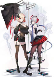  2girls alternate_costume antenna_hair arched_back arknights arm_warmers armband armpit_peek azur_lane babel_logo_(arknights) bag bare_shoulders black_choker black_footwear black_nails black_skirt black_sleeves blonde_hair blue_scarf boots breasts brown_eyes brown_pantyhose brown_thighhighs choker cleavage closed_mouth clothing_cutout cobblestone commentary commission controller covered_navel crop_top crop_top_overhang cross crossover demon_horns demon_tail detonator english_commentary eyebrows_hidden_by_hair fingernails fishnet_thighhighs fishnets frilled_skirt frills from_side full_body gainoob garter_straps grey_hair grin gun hair_between_eyes hand_on_own_chest hand_up hands_up head_tilt headgear high_heel_boots high_heels highres holding holding_bag holding_leash holding_remote_control horns iron_cross knee_boots large_breasts leaning_forward leash legs_apart long_sleeves looking_at_viewer looking_back miniskirt multicolored_clothes multicolored_hair multicolored_scarf multiple_girls nail_polish pantyhose parted_lips pencil_skirt red_eyes red_horns red_nails red_scarf red_skirt remote_control rhine_lab_logo rhodes_island_logo_(arknights) road_sign roon_(azur_lane) scarf shirt short_hair shoulder_cutout side_slit sign signature skirt sleeveless sleeveless_shirt smile standing streaked_hair tail thighhighs two-sided_fabric two-tone_skirt w_(arknights) w_arms watermark weapon white_background white_shirt zettai_ryouiki 