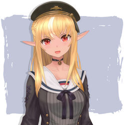  :d bangle beret blonde_hair bracelet braid breasts choker collarbone dark-skinned_female dark_elf dark_skin dress elf esuki female french_braid half_updo hand_up hat hololive jewelry light_blush long_hair long_sleeves looking_at_viewer medium_breasts multicolored_hair official_alternate_hairstyle open_mouth pendant pinstripe_dress pinstripe_pattern pointy_ears red_eyes sailor_collar sailor_dress shiranui_flare shiranui_flare_(street) sidelocks smile solo streaked_hair striped upper_body virtual_youtuber 