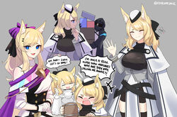  1other 2girls :d age_conscious arknights aunt_and_niece bare_shoulders black_jacket blemishine_(arknights) blonde_hair blue_eyes bow cape chibi closed_eyes commentary doctor_(arknights) dress english_text grey_background hairbow hand_up jacket long_hair long_sleeves looking_at_viewer multiple_girls multiple_views official_alternate_costume open_mouth purple_bow simple_background smile speech_bubble supershrimpcakes whislash_(arknights) whislash_(glory_purple)_(arknights) white_cape white_dress 