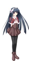  alpha_(yukai_na_nakamatachi) arms_behind_back black_hair black_pantyhose blunt_bangs bow bow_hairband brown_footwear brown_skirt capelet female floating_hair full_body fur-trimmed_capelet fur_trim game_cg hairband hairbow hayakawa_yuriko highres long_hair miniskirt pantyhose plaid plaid_skirt purple_eyes red_capelet red_ribbon ribbon skirt solo standing sweater tachi-e transparent_background turtleneck turtleneck_sweater underbust very_long_hair w.l.o_sekai_ren&#039;ai_kikou white_bow white_hairband white_sweater 