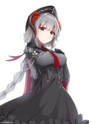  artist_name azur_lane black_dress black_gloves braid cross dress epaulettes female framed_breasts from_below gloves grey_hair grey_headwear hand_on_own_chest highres horns iron_cross levy_(comradlevy) long_hair looking_at_viewer low_tied_hair necktie nuernberg_(azur_lane) red_eyes red_necktie simple_background twitter_username very_long_hair white_background 