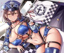  azur_lane baltimore_(azur_lane) baltimore_(finish_line_flagbearer)_(azur_lane) bikini black_choker black_gloves blue_bikini blue_hat blue_jacket blue_thighhighs blush breasts brown_hair choker commentary female flag gloves hat highres himuro_shunsuke jacket large_breasts long_sleeves lying navel official_alternate_costume on_side parted_lips race_queen short_hair single_glove smile solo swimsuit teeth thighhighs thighs underboob 