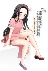  :o bare_legs black_hair brown_hair china_dress chinese_clothes commentary dress female high_heels highres kamado_nezuko kimetsu_no_yaiba knees legs long_hair multicolored_hair open_mouth pink_dress pink_eyes pink_nails pink_ribbon pori_(kmt_pori) protected_link ribbon shoe_dangle shoes sitting solo symbol-only_commentary translation_request very_long_hair white_background 