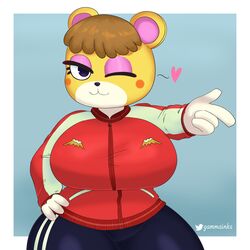  1:1 absurd_res animal_crossing anthro bear big_breasts blush blush_stickers border breasts female gammainks gesture hand_gesture heart_symbol hi_res looking_at_viewer mammal nintendo one_eye_closed pointing solo tammy_(animal_crossing) white_border wide_hips wink 