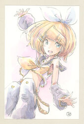  arm_warmers belt black_sailor_collar blonde_hair blue_eyes bow commentary crop_top epoxy_putty female frilled_shirt frills hair_ornament hairbow hairclip kagamine_rin leg_warmers midriff neckerchief open_mouth outstretched_arm painting_(medium) sailor_collar school_uniform shirt short_hair short_shorts shorts signature smile solo swept_bangs traditional_media treble_clef vocaloid watercolor_(medium) white_bow white_shirt yellow_neckerchief 