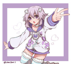  choker d-pad d-pad_hair_ornament female hair_ornament haruna_(citrus_love_i) heart highres hood hood_down hooded_jacket jacket looking_at_viewer neptune_(neptunia) neptune_(series) purple_eyes purple_hair serious short_hair solo striped_clothes striped_thighhighs thighhighs twitter_username 