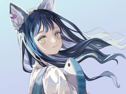  animal_ear_fluff animal_ears black_hair blue_background bright_pupils collared_shirt commentary eyebrows_hidden_by_hair eyelashes female floating_hair from_side gradient_background hair_between_eyes highres holding indie_virtual_youtuber long_hair looking_at_viewer looking_to_the_side ocean_(vtuber) purple_background shirt smile solo stuffed_animal stuffed_shark stuffed_toy tokiwata_soul upper_body virtual_youtuber white_pupils white_shirt yellow_eyes 